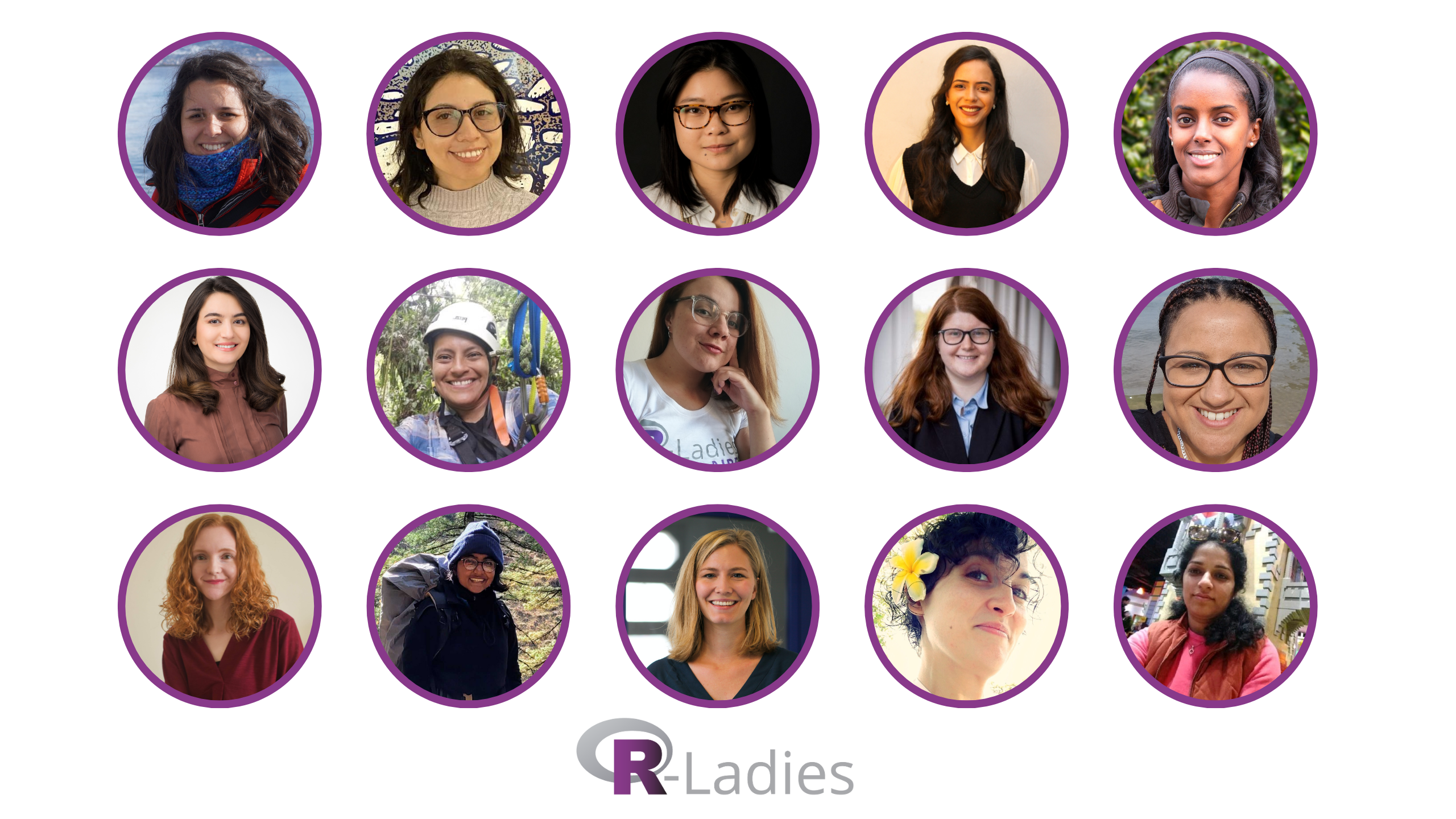 Thumbnail photos of 15 new global team members cropped in circle images outlined in purple.