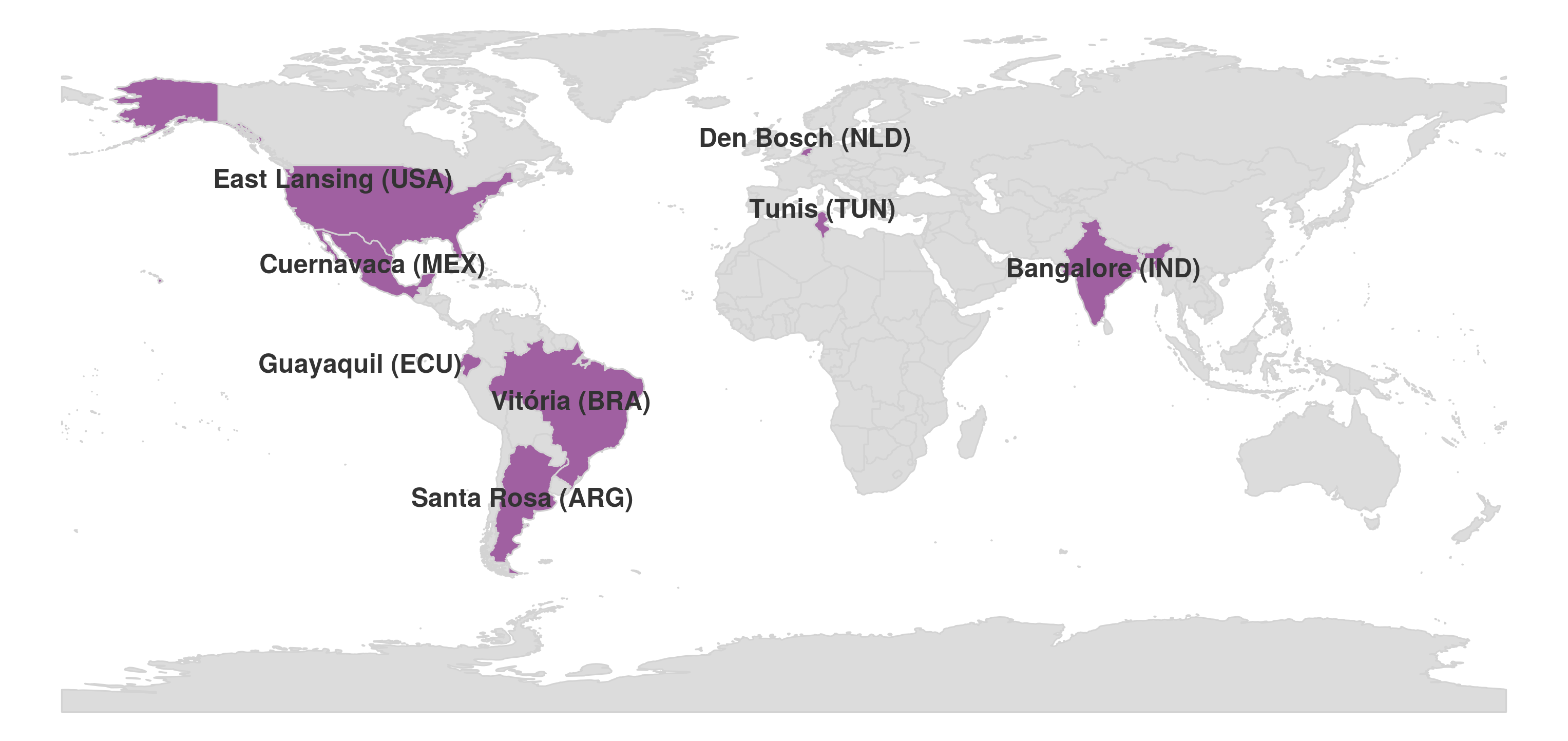 World map indicating the countries (in purple) where each co-host chapter are located: East Lansing (USA), Cuernavaca (MEX), Guayaquil (ECU), Vitória (BRA), Santa Rosa (ARG), Den Bosch (NLD), Tunis (TUN), Bangalore (IND).