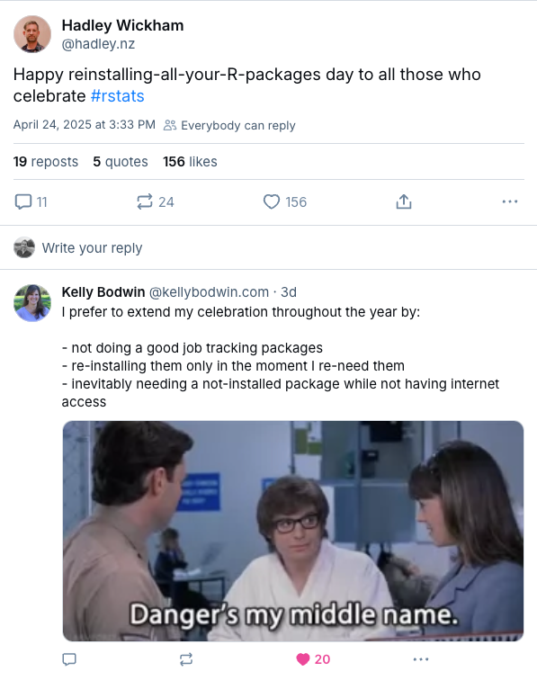 A tweet from Hadley Wickham saying &ldquo;Happy reinstalling-all-your-R-packages day to all those who celebrate! #rstats&rdquo;